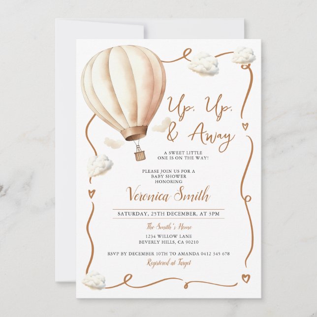 Invitation Baby shower beige Hot Air Balloon, Up and Away (Devant)