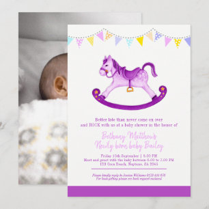 Invitation Baby shower Belé violet cheval à bascule rencontré