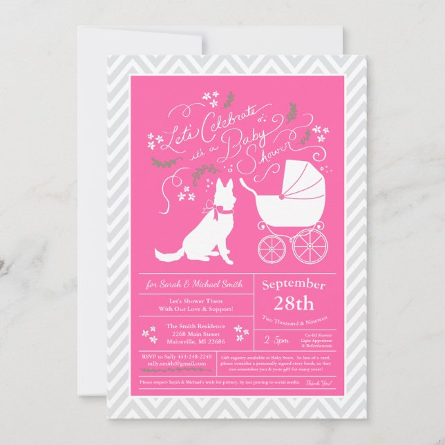 Invitation Baby shower berger allemand chien français rose fi (Devant)