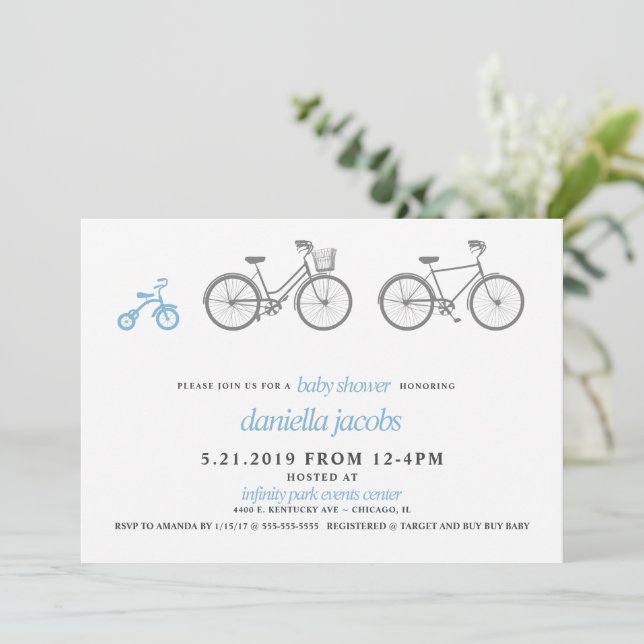 Invitation Baby shower Bicyclette Bleu (Debout devant)