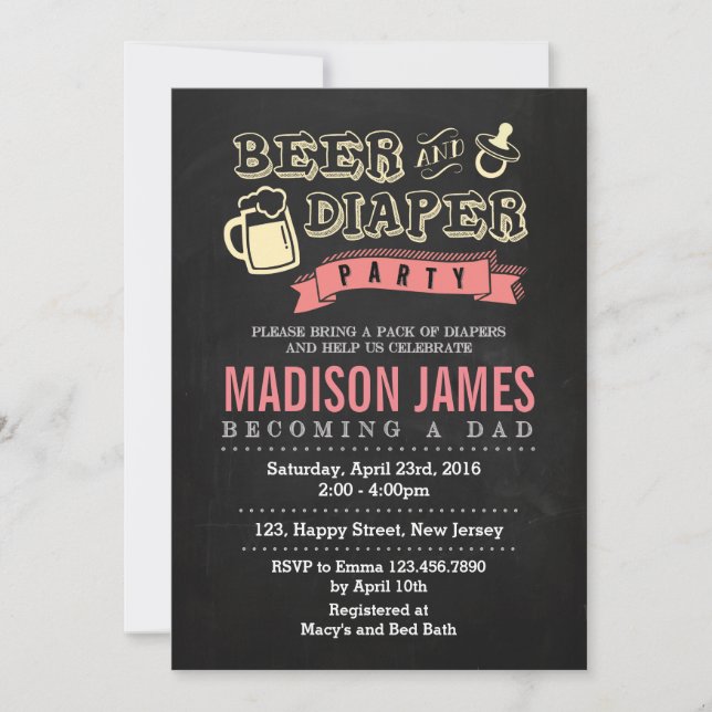 Invitation baby shower. Bière et couche (Devant)