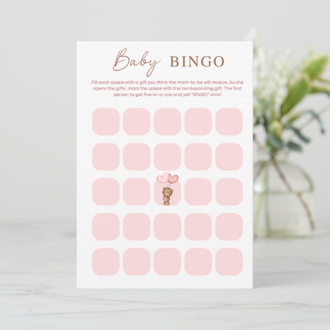 Invitation Baby shower BINGO Bear & Balloons rose Bébé (Debout devant)