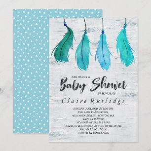 Invitation Baby shower Birch & Blue Feathers