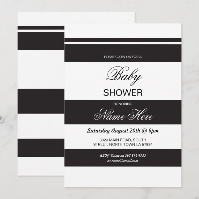 Invitation Baby shower Black & White Party Stripe Chic Invita (Devant / Derrière)