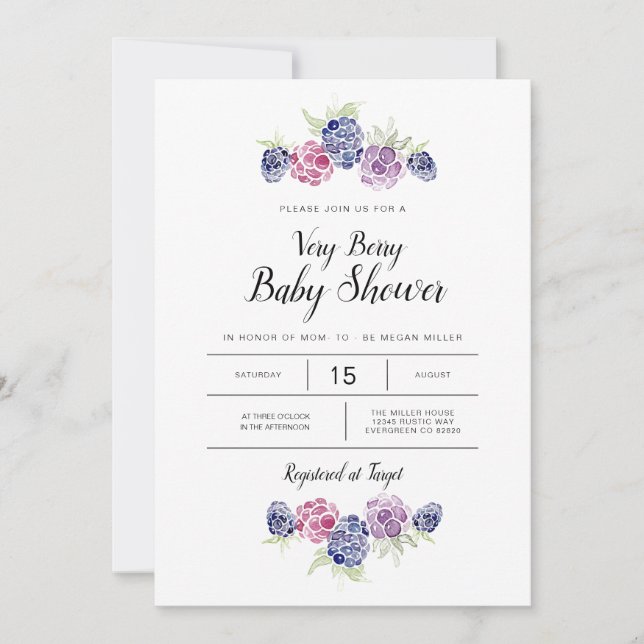 Invitation Baby shower Blackberry | Baies d'aquarelle (Devant)