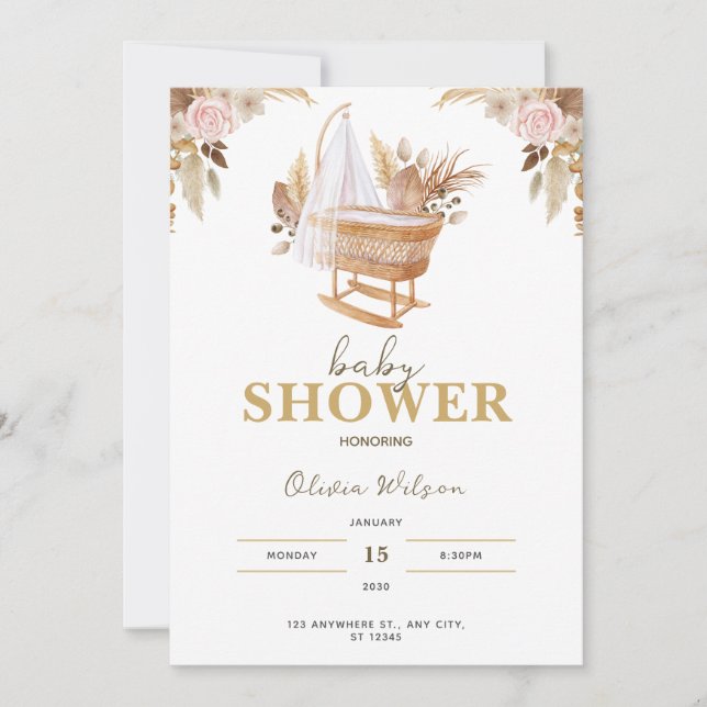 Invitation Baby shower blanc à l'aquarelle (Devant)