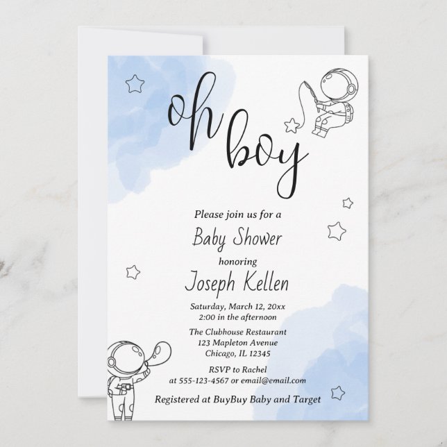 Invitation Baby shower blanc bleu et noir met (Devant)