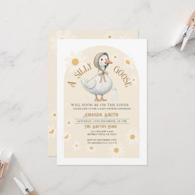 Invitation Baby shower blanc de marguerite et d'oie d'ivoire (Devant/Arrière en situation)