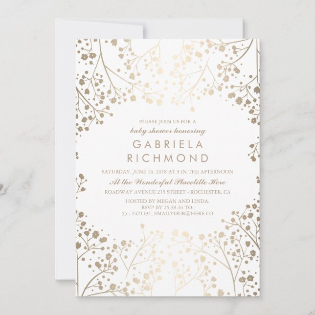 Invitation Baby shower blanc élégant du souffle du bébé d'or (Devant)
