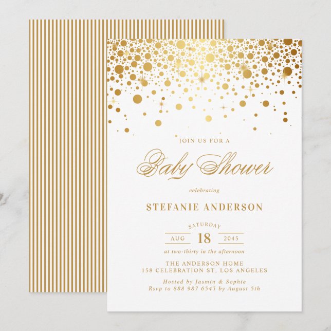 Invitation Baby shower blanc Faux Gold Foil Confetti Dots (Devant / Derrière)