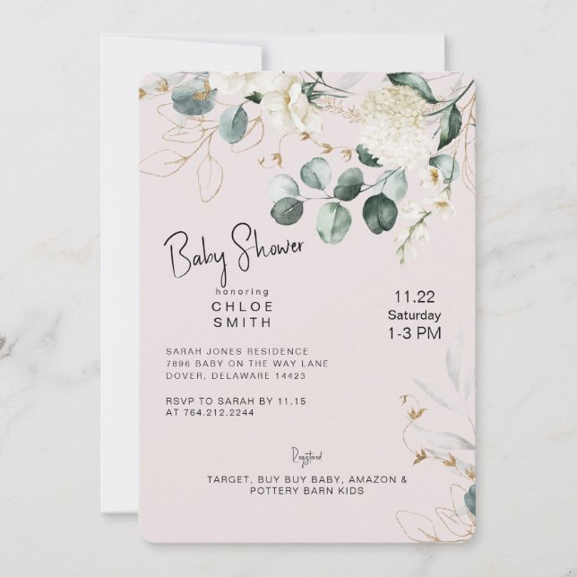 Invitation Baby shower blanc Hydrangea Eucalyptus Blush (Devant)