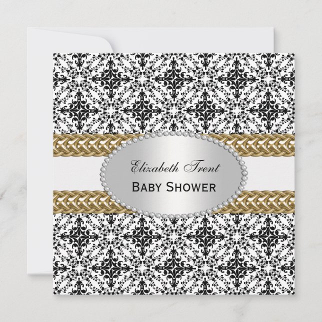 Invitation Baby shower blanc noir élégant #2 d'or de la (Devant)