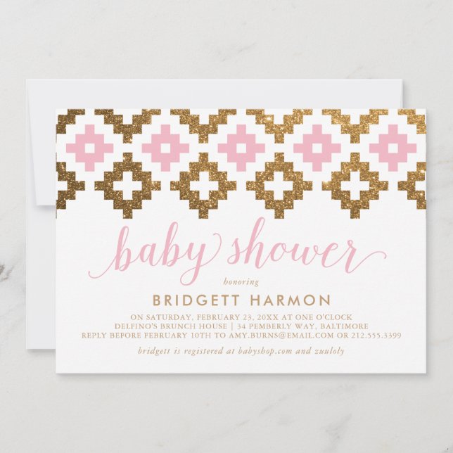 Invitation Baby shower blanc sud-ouest rose or (Devant)