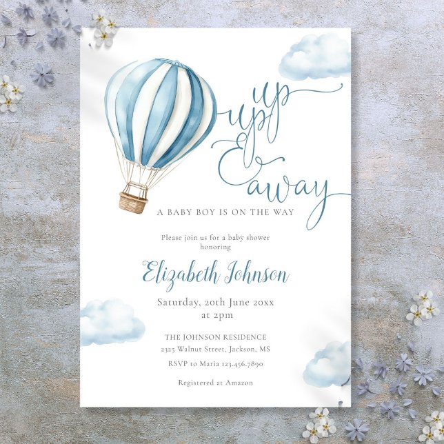 Invitation Baby shower Bleu à air chaud Boy Up and Away (Up And Away Boy Blue Hot Air Balloon Baby Shower Invitation)