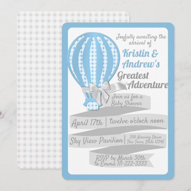 Invitation baby shower bleu à air chaud En vichy (Devant / Derrière)
