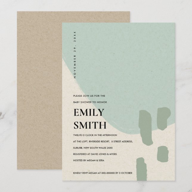 INVITATION BABY SHOWER BLEU AQUA ABSTRAIT MODERNE (Devant / Derrière)