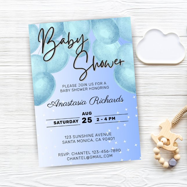 Invitation Baby shower Bleu Aquarelles (blue watercolor balloons baby shower invitation)