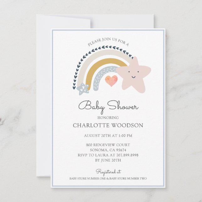 Invitation Baby shower bleu arc-en-ciel (Devant)