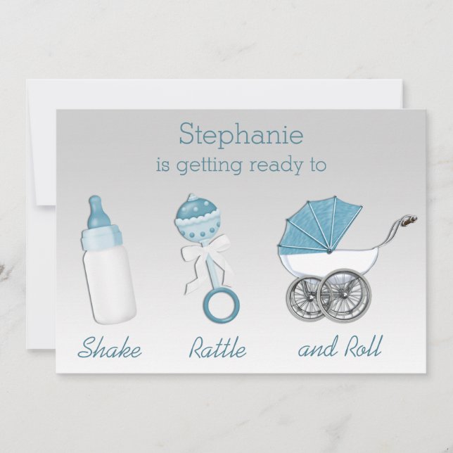Invitation Baby shower bleu argenté de hochet et de petit (Devant)