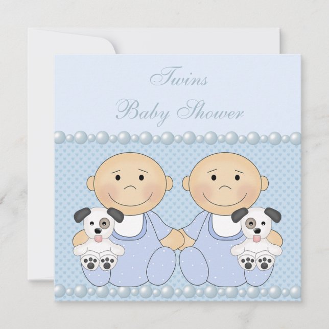 Invitation Baby shower Bleu Baby Boy Twins & Puppies (Devant)