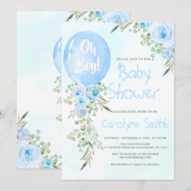 Invitation Baby shower Bleu Balloon (Devant / Derrière)