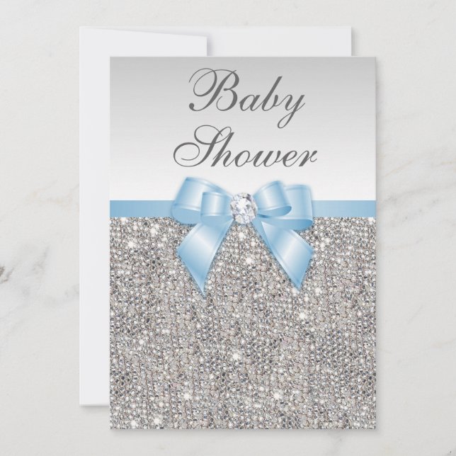 Invitation Baby shower Bleu Bébé de Faux Silver Sequins (Devant)