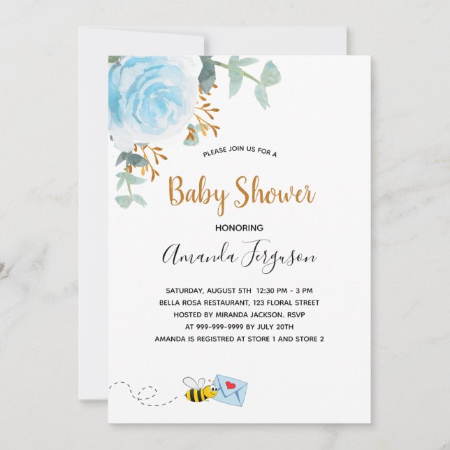 Invitation Baby shower bleu bee bee floral vert garçon (Devant)