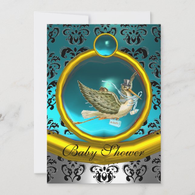 INVITATION BABY SHOWER BLEU BLANC OR DAMASK STORE MONOGRAM (Devant)