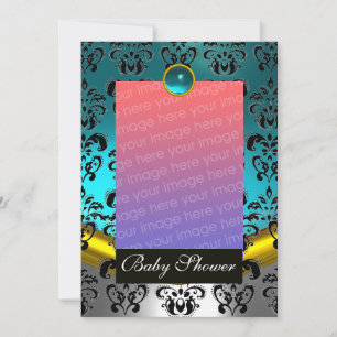 INVITATION BABY SHOWER BLEU BLEU BLACK DAMASK MONOGRAM
