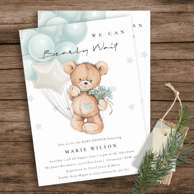 Invitation Baby shower Bleu Bleu Cute Aqua Bearly Wait Balloo (Créateur téléchargé)