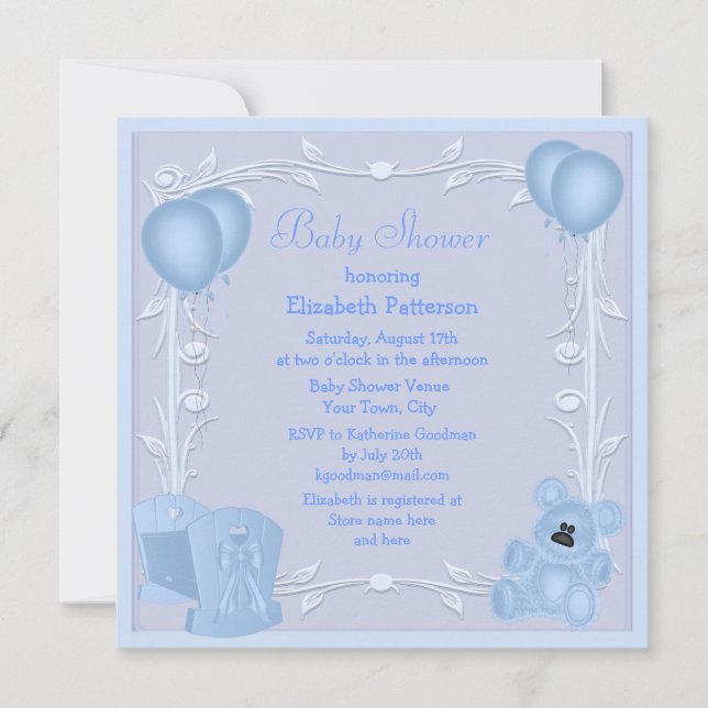 Invitation Baby shower Bleu Bleu Cute Teddy Bear & Crib (Devant)