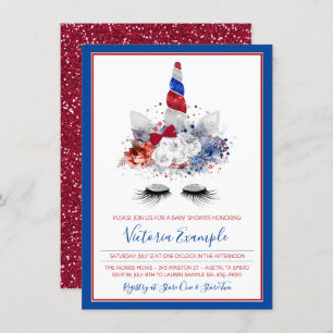 Invitation Baby shower Bleu Bleu Rouge Unicorne