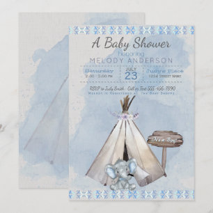 Invitation Baby shower bleu Boho Baby Elephant & Tipi