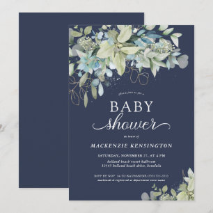 Invitation Baby shower Bleu Botanique Eucalyptus