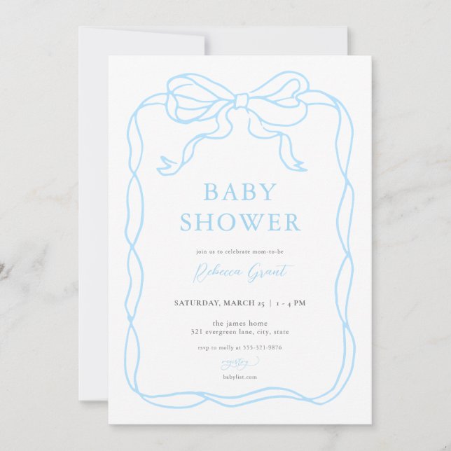 Invitation Baby shower Bleu Boy Main Draw Bow (Devant)