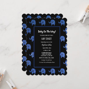 Invitation Baby shower bleu brillant Éléphant Animaux Noir