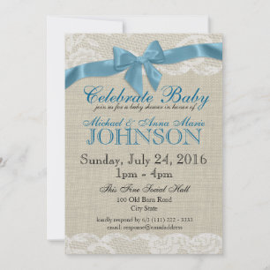 Invitation Baby shower bleu Burlap et dentelle