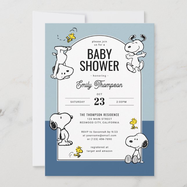 Invitation Baby shower bleu cacahuète et bois (Devant)