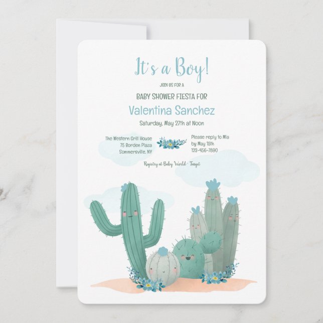 Invitation Baby shower bleu Cactus Blooms (Devant)