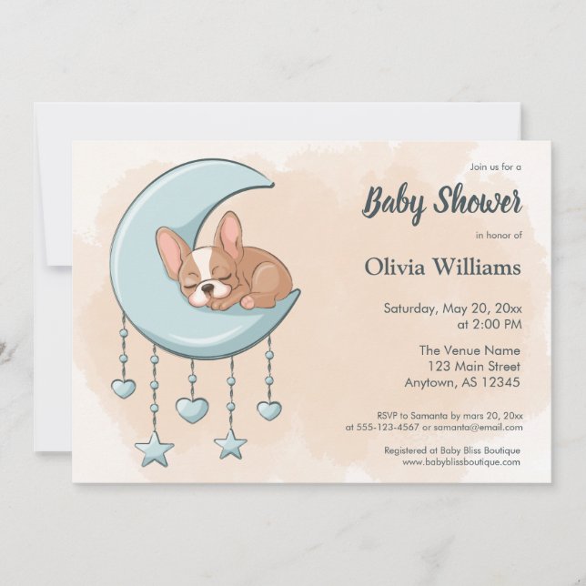 Invitation Baby shower Bleu Chien Chien Chien Chien Mur Franç (Devant)