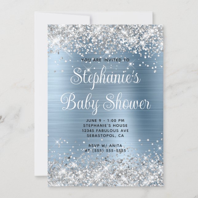 Invitation Baby shower bleu clair Parties scintillant argenté (Devant)