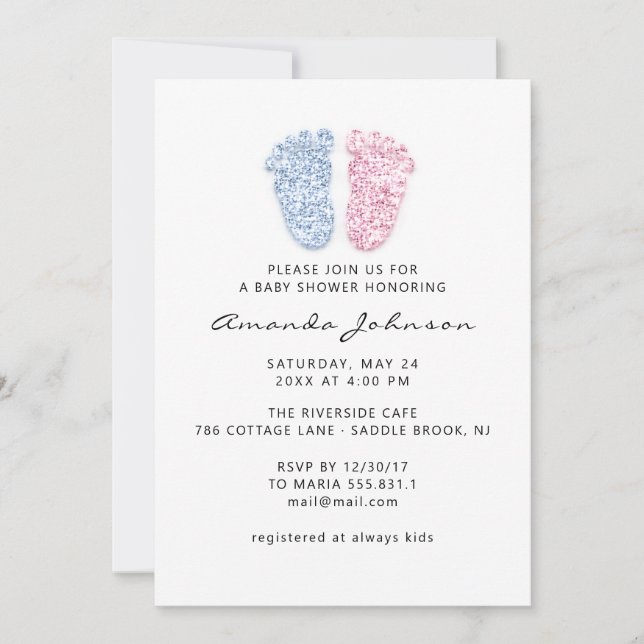 Invitation Baby shower bleu clair rose pieds Parties scintill (Devant)