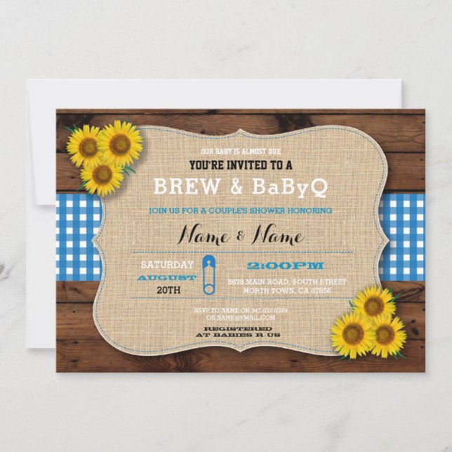 Invitation Baby shower Bleu de Brew et BABYQ Tournesol Burlap (Devant)