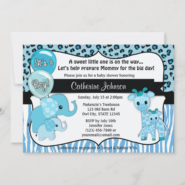 Invitation Baby shower bleu de girafe d'éléphant de safari (Devant)