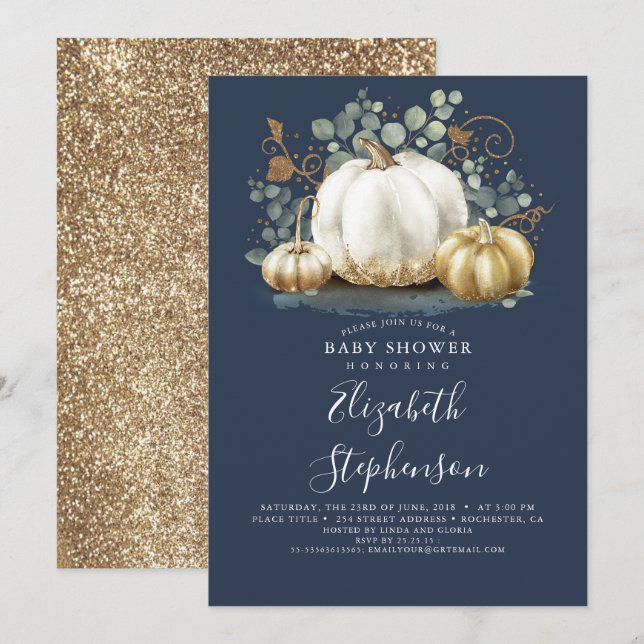 Invitation Baby shower Bleu de la marine Citrouille d'or blan (Devant / Derrière)