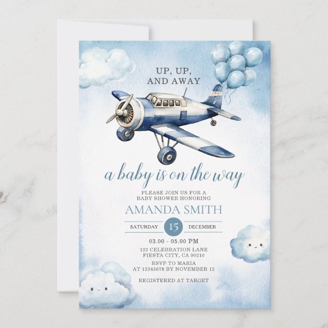Invitation Baby shower Bleu de l'avion vers le haut, vers le  (Devant)