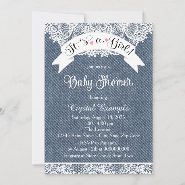 Invitation Baby shower bleu Denim et dentelle (Devant)