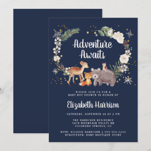 Invitation Baby shower Bleu d'hiver pour les animaux des bois