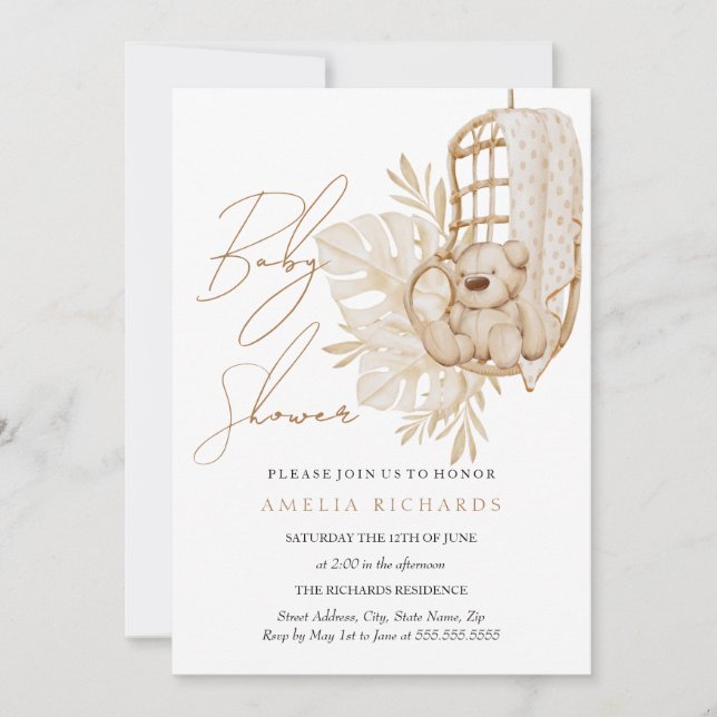 Invitation Baby shower bleu doux Boho Teddy Bear (Devant)