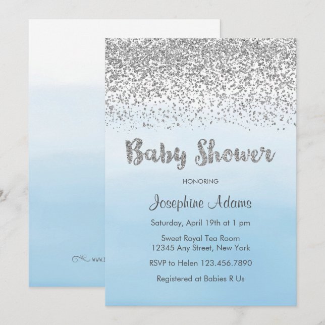 Invitation Baby shower bleu doux et argent (Devant / Derrière)